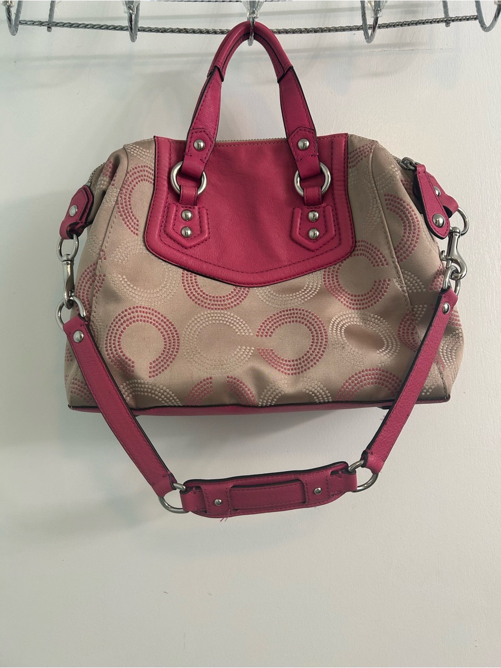 Coach Ashley dotted Op Art sateen satchel in khaki and hot pink with wallet - Picture 5 of 17